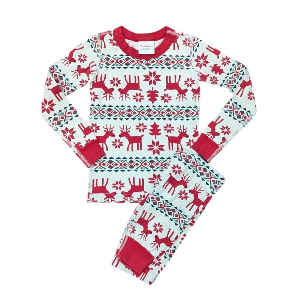 Hanna Andersson Dear Deer Long John Pajamas Cotton White Red Kids Size 110 5